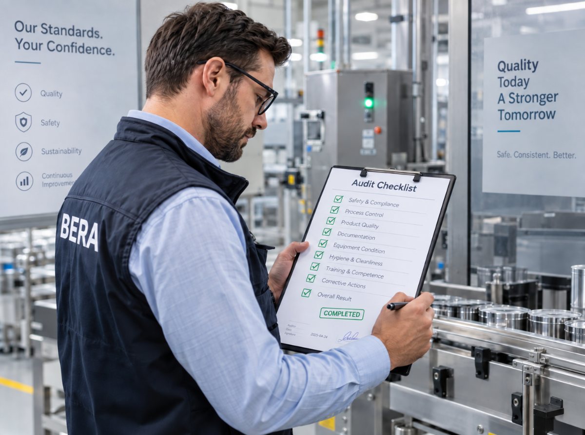 Auditor mit ausgefüllter Audit-Checkliste an einer Produktionslinie